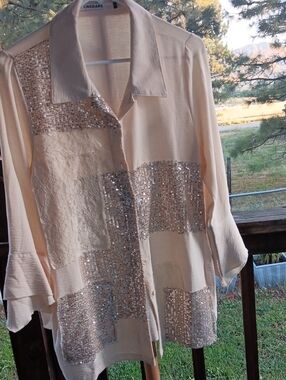Origami Cream Sequin Patchwork Button-Down Shirt
